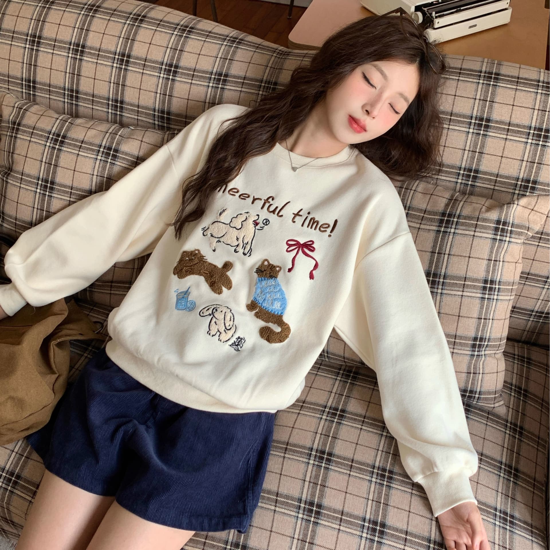 2026 후아 면 복합 얇은 스타일 털이 있는 달콤함 연령 감소 긴팔 후드티 여성 수건 자수 이미지 5
