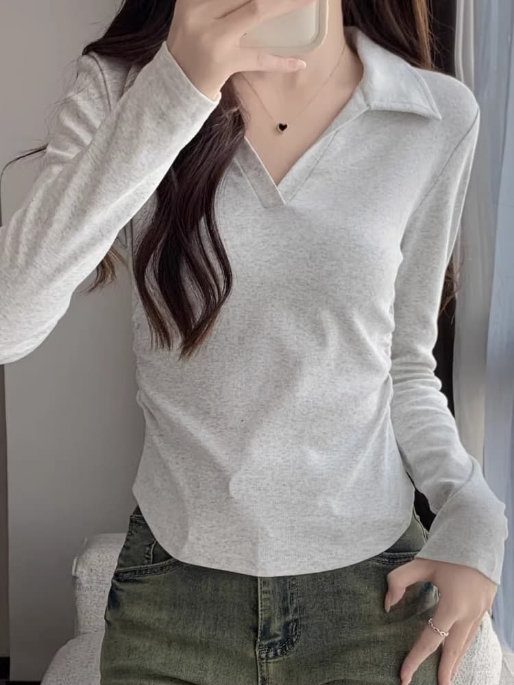 2026 한국 순면 40 220 그램 92 면 8 암모니아 Lun 단색 긴팔 티셔츠 여성 POLO 칼라 맨위 상세 이미지 8
