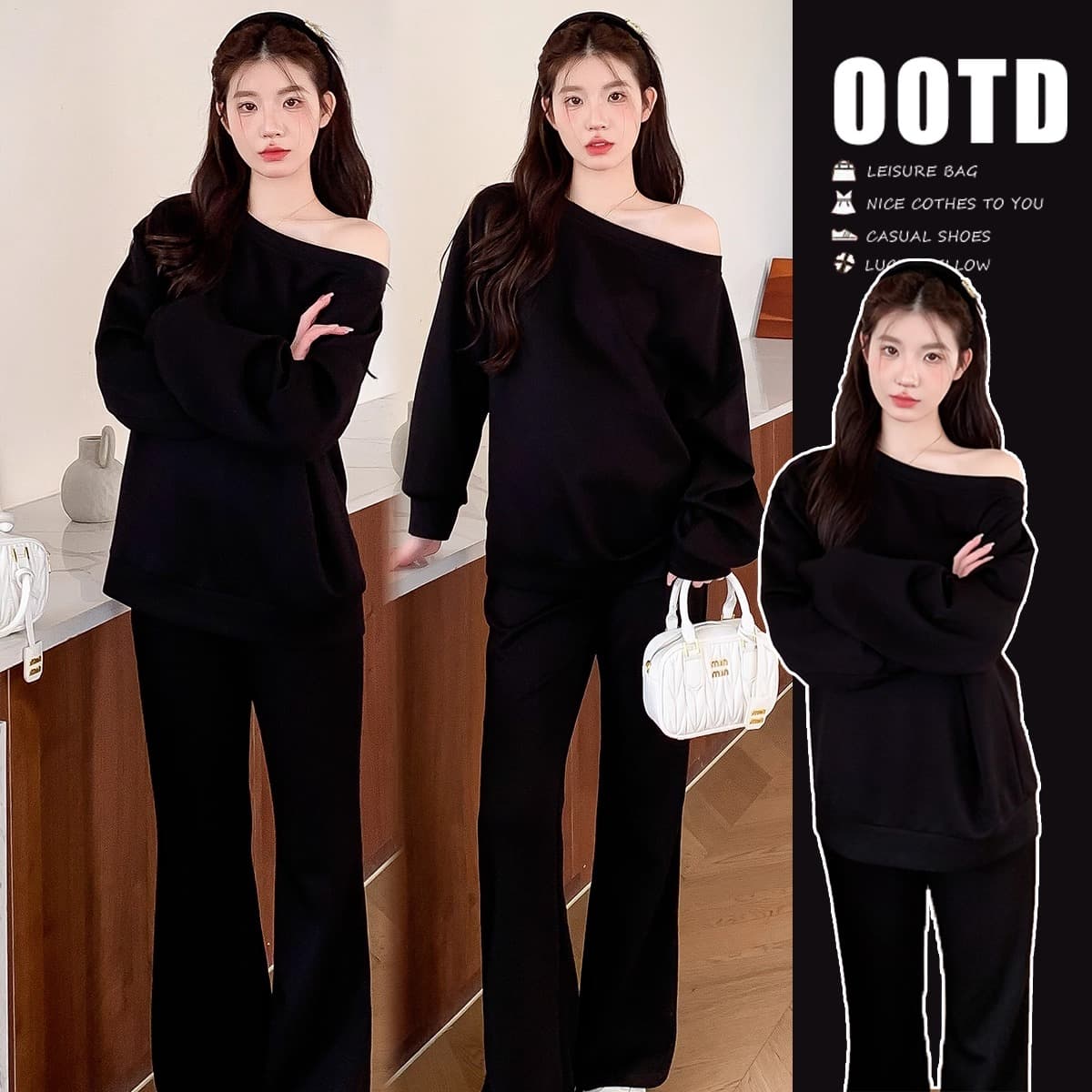 후아 면 칫솔질 얇은 스타일 털이 있는 스탠드 칼라 오픈 가디건 후드티 여성 긴 바지 투피스 슈트 상세 이미지 2