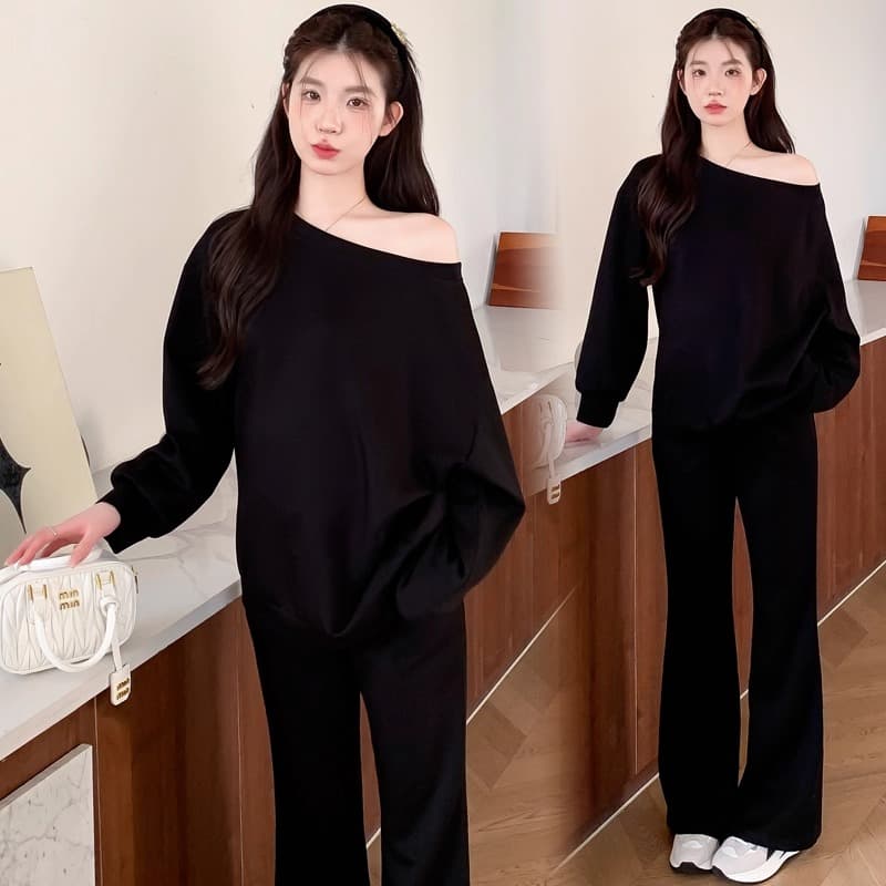 후아 면 칫솔질 얇은 스타일 털이 있는 스탠드 칼라 오픈 가디건 후드티 여성 긴 바지 투피스 슈트 상세 이미지 3