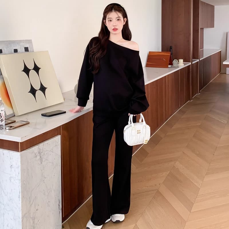 후아 면 칫솔질 얇은 스타일 털이 있는 스탠드 칼라 오픈 가디건 후드티 여성 긴 바지 투피스 슈트 상세 이미지 4