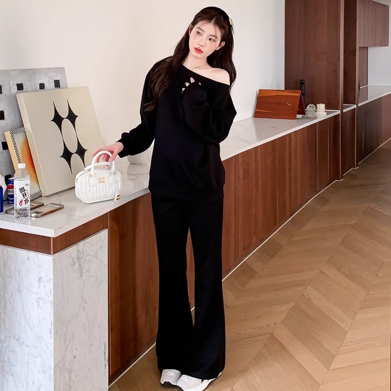 후아 면 칫솔질 얇은 스타일 털이 있는 스탠드 칼라 오픈 가디건 후드티 여성 긴 바지 투피스 슈트 상세 이미지 5