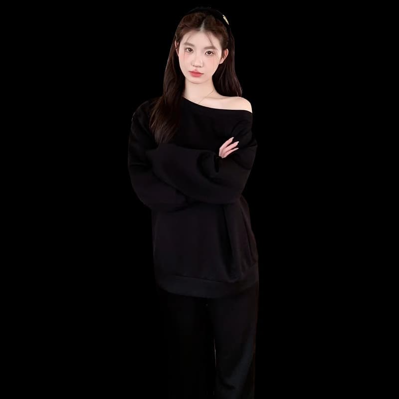 후아 면 칫솔질 얇은 스타일 털이 있는 스탠드 칼라 오픈 가디건 후드티 여성 긴 바지 투피스 슈트 상세 이미지 6