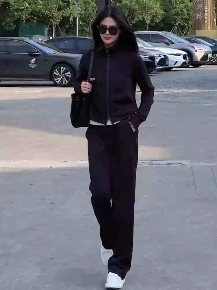 후아 면 칫솔질 얇은 스타일 털이 있는 스탠드 칼라 오픈 가디건 후드티 여성 긴 바지 투피스 슈트 이미지 4