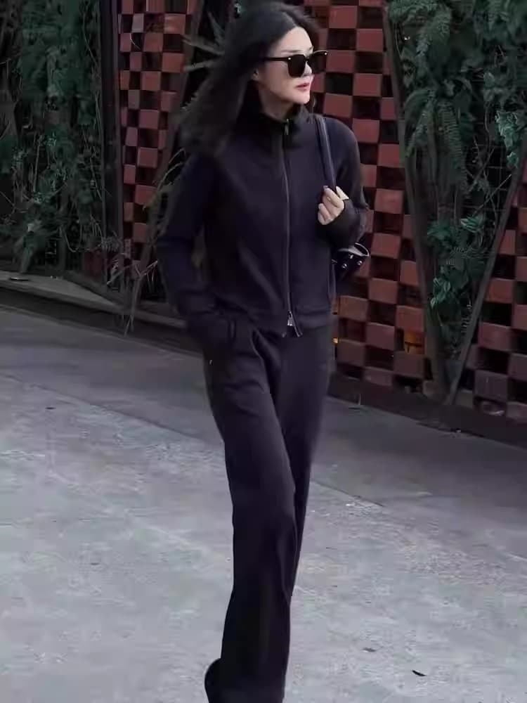 후아 면 칫솔질 얇은 스타일 털이 있는 스탠드 칼라 오픈 가디건 후드티 여성 긴 바지 투피스 슈트 이미지 2