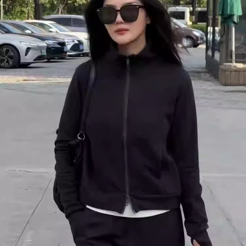 후아 면 칫솔질 얇은 스타일 털이 있는 스탠드 칼라 오픈 가디건 후드티 여성 긴 바지 투피스 슈트 이미지 5
