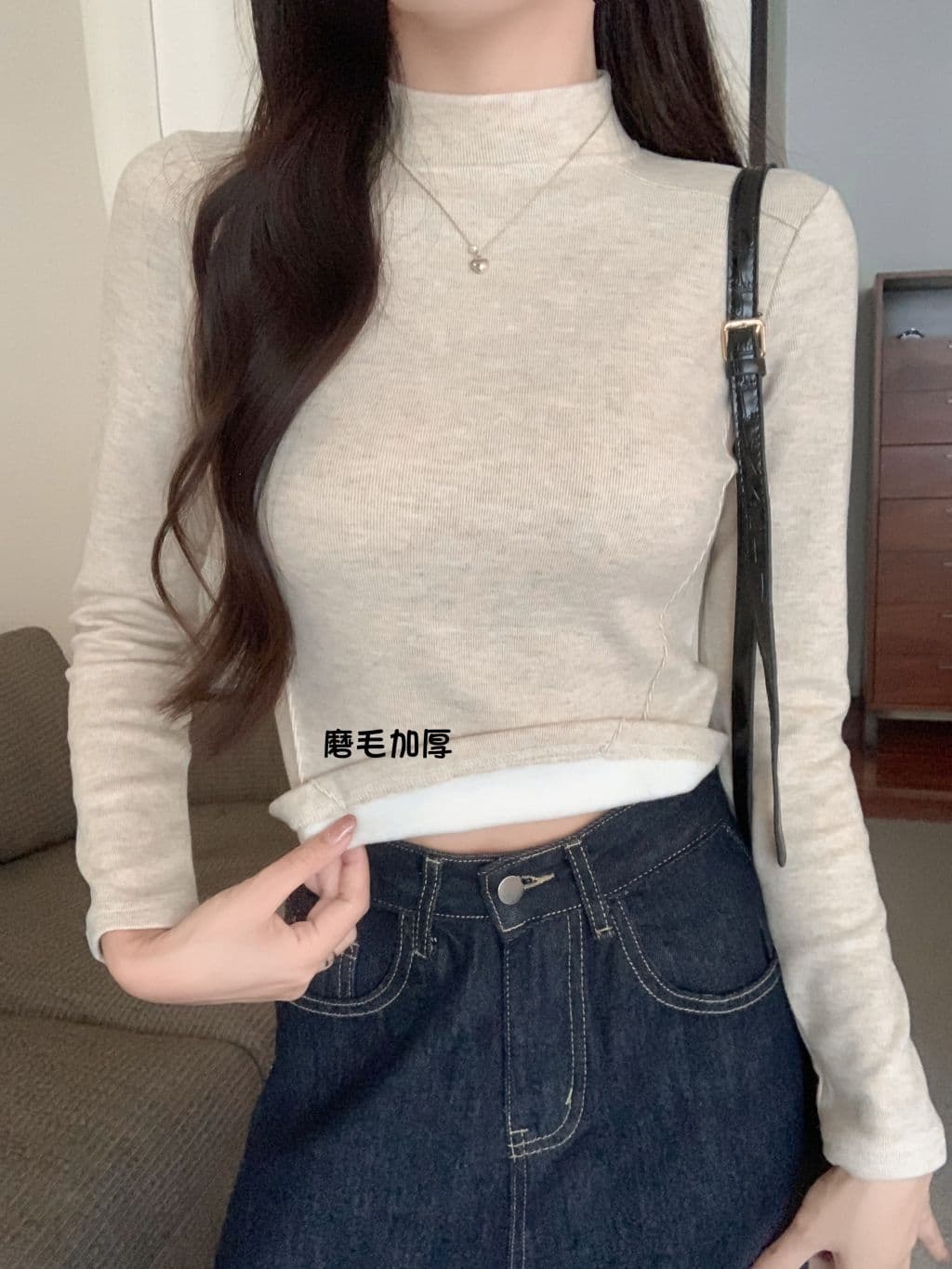실사 양 플러시 280g 가을 겨울 의류 반하이넥 스탠드 칼라 긴팔 티셔츠 여성 겨울 생선뼈 선 이미지 2