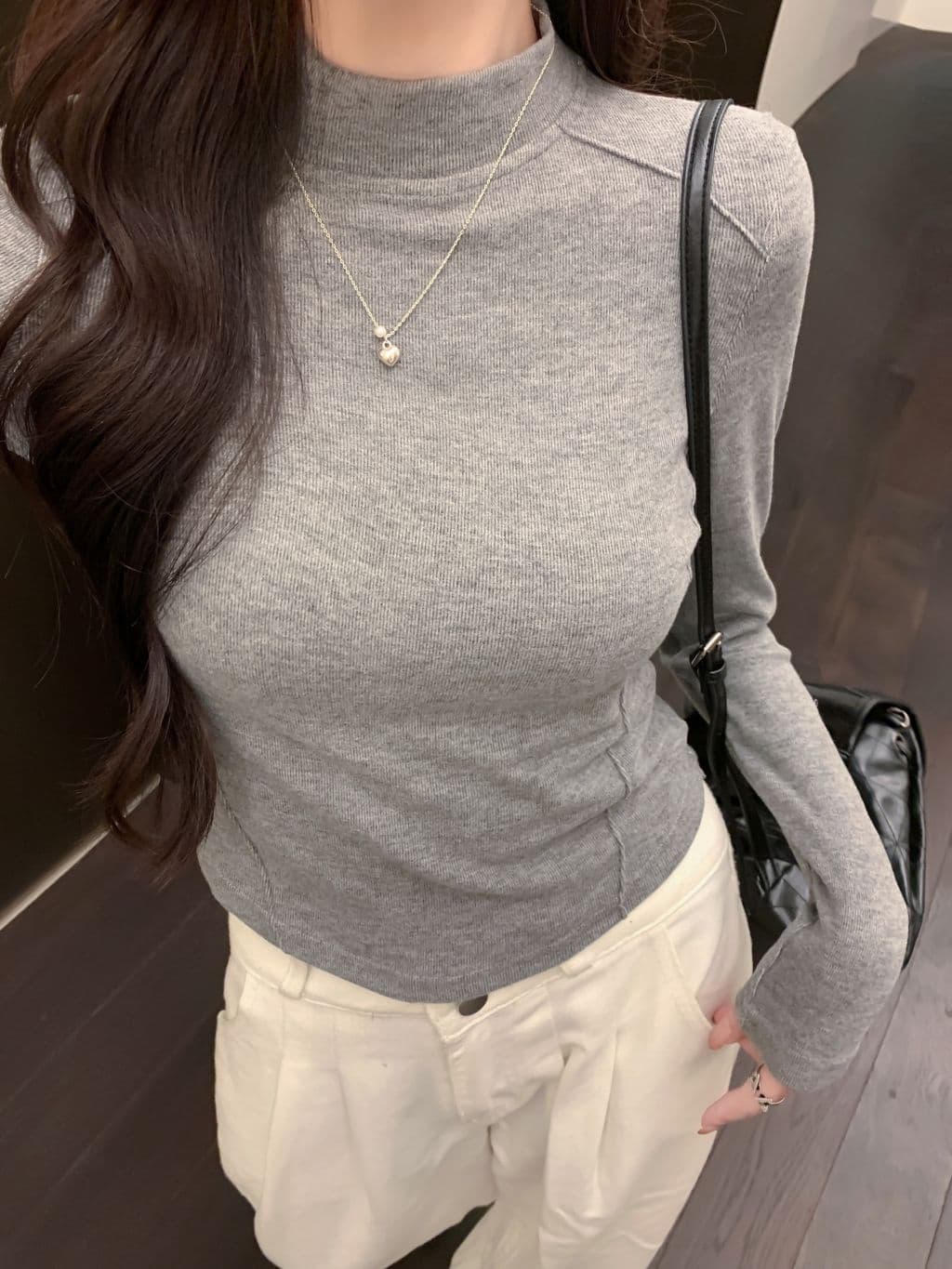 실사 양 플러시 280g 가을 겨울 의류 반하이넥 스탠드 칼라 긴팔 티셔츠 여성 겨울 생선뼈 선 이미지 3