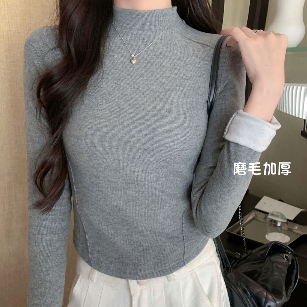 실사 양 플러시 280g 가을 겨울 의류 반하이넥 스탠드 칼라 긴팔 티셔츠 여성 겨울 생선뼈 선 이미지 5