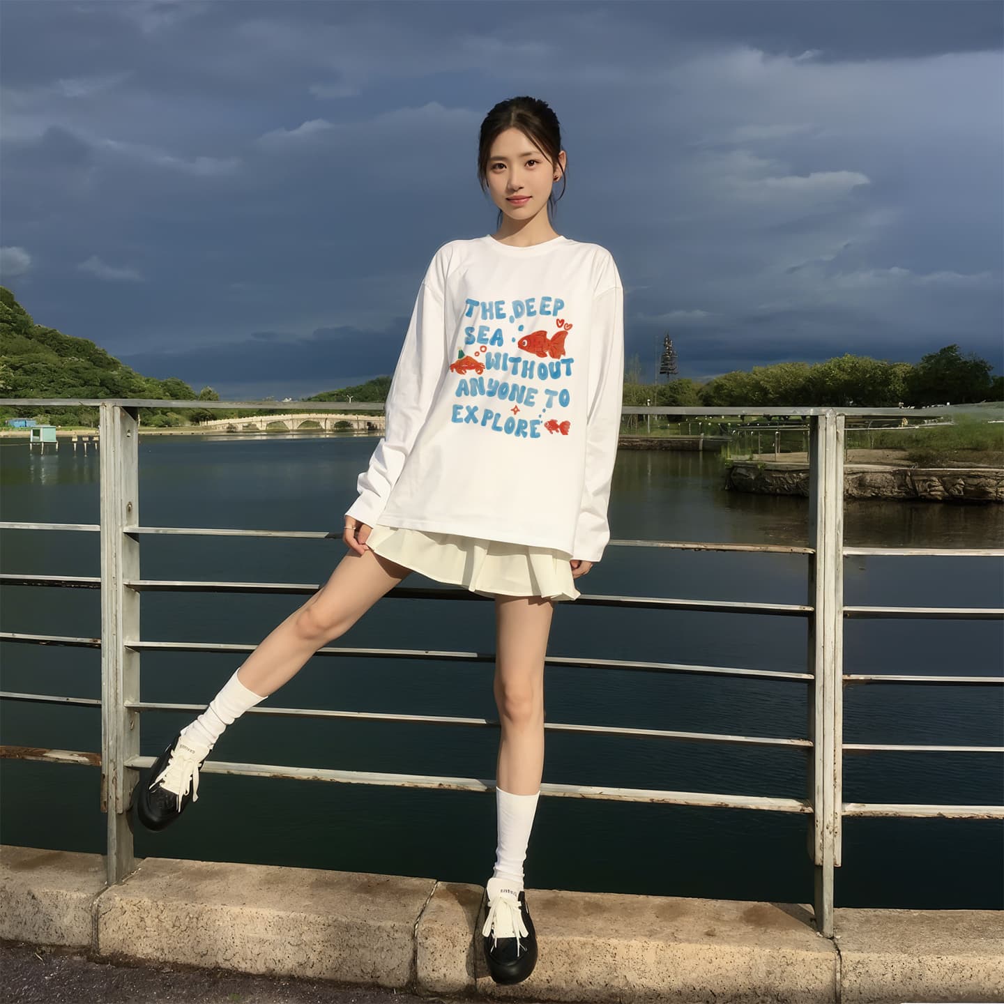 경관 그림 21 순면 210 그램 가을 의상 긴팔 티셔츠 여성 루즈핏 맨위 프린트 상세 이미지 3