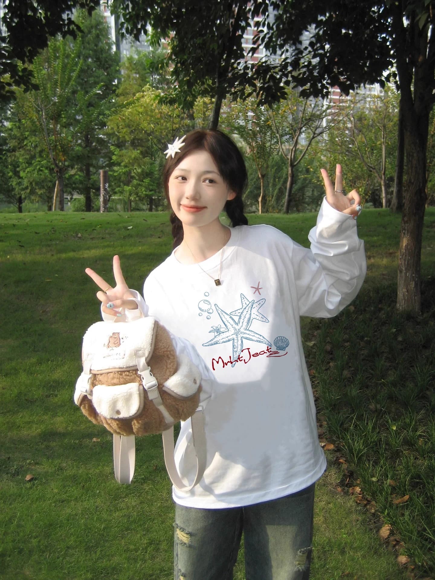 경관 그림 21 순면 210 그램 가을 의상 긴팔 티셔츠 여성 루즈핏 맨위 프린트 이미지 4