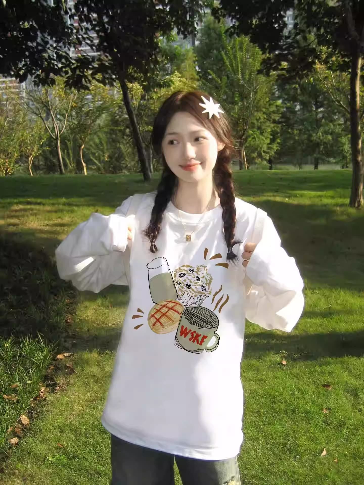 경관 그림 21 순면 210 그램 가을 의상 긴팔 티셔츠 여성 루즈핏 맨위 프린트 이미지 3