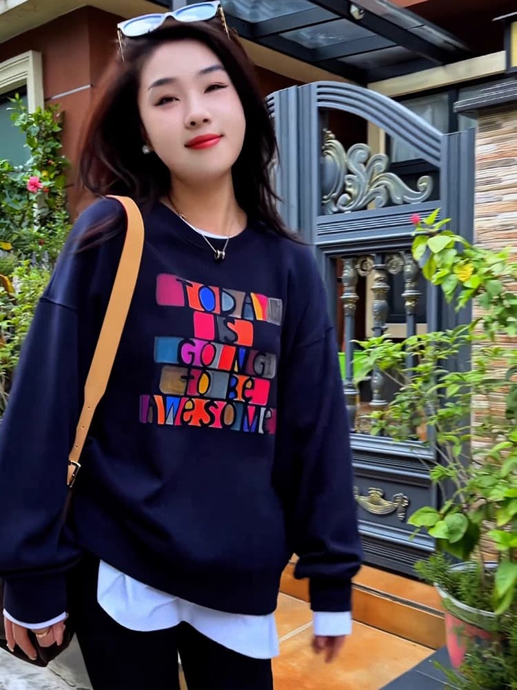경관 그림 후아 면 복합 얇은 스타일 털이 있는 가을 겨울 의류 털이 있는 라운드 넥 후드티 여성 프린트 아기 플러시 이미지 2