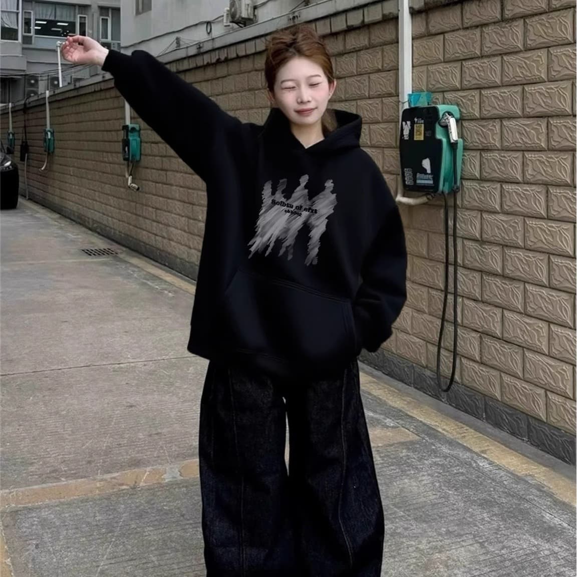 경관 그림 후아 면 복합 얇은 스타일 310g- 털이 있는 400g 털이 있고 두꺼운 후드티 소녀 까마귀 이미지 5