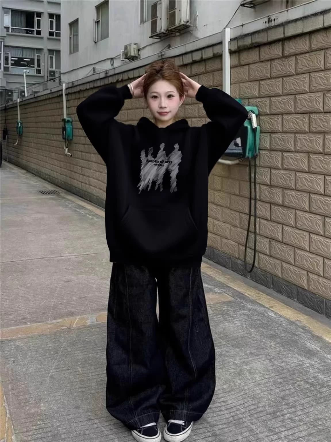 경관 그림 후아 면 복합 얇은 스타일 310g- 털이 있는 400g 털이 있고 두꺼운 후드티 소녀 까마귀 상세 이미지 3