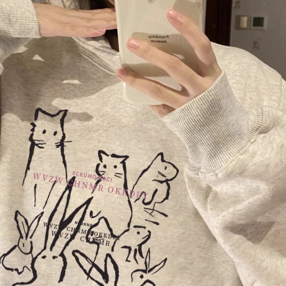 경관 그림 후아 면 복합 얇은 스타일 310g- 털이 있는 400g 털이 있고 두꺼운 후드티 소녀 까마귀 이미지 5