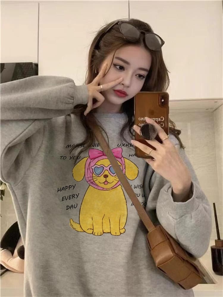얇은 스타일 털이 있는 가을 겨울 의류 털이 있는 라운드 넥 후드티 여성 프린트 이미지 4