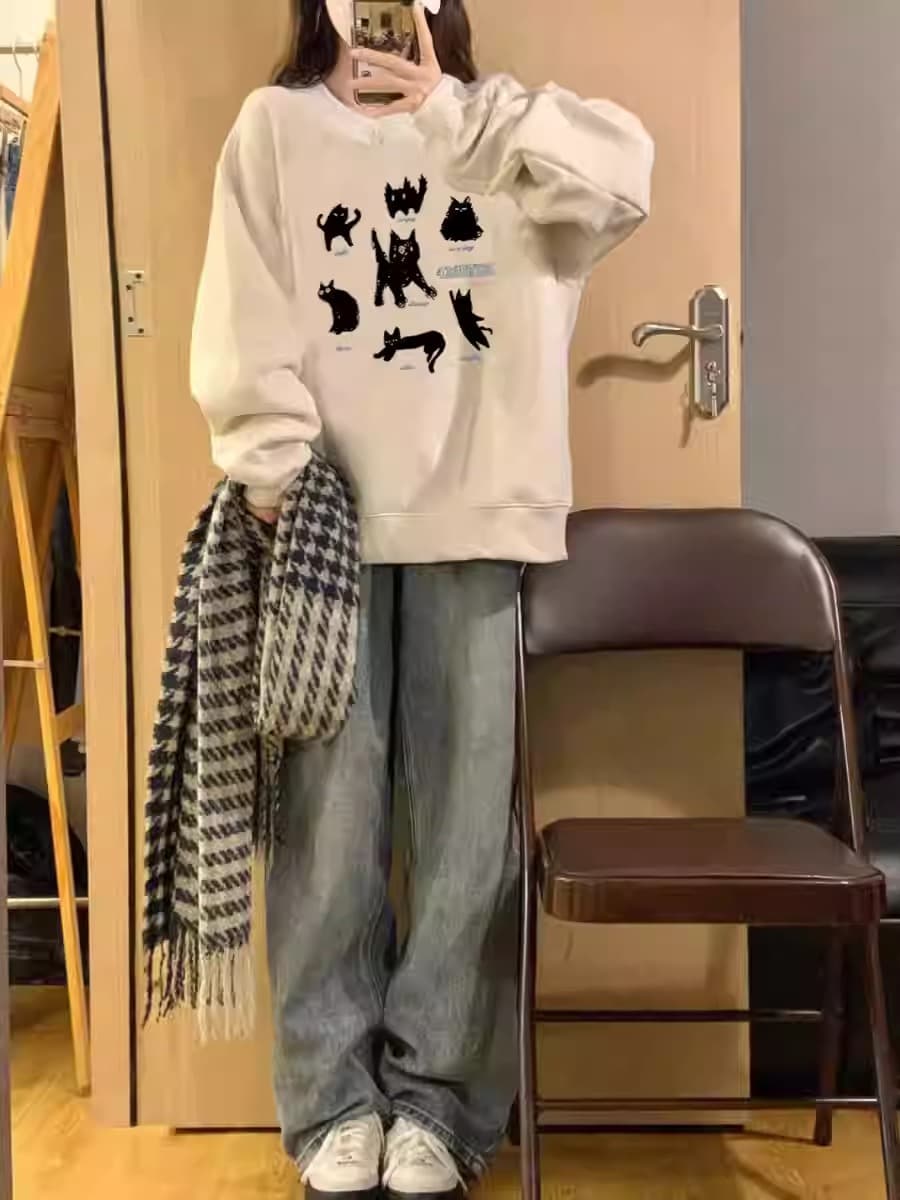 경관 그림 정가 후아 면 복합 얇은 스타일 털이 있는 가을 겨울 의류 털이 있는 라운드 넥 후드티 여성 프린트 아기 플러시 이미지 2