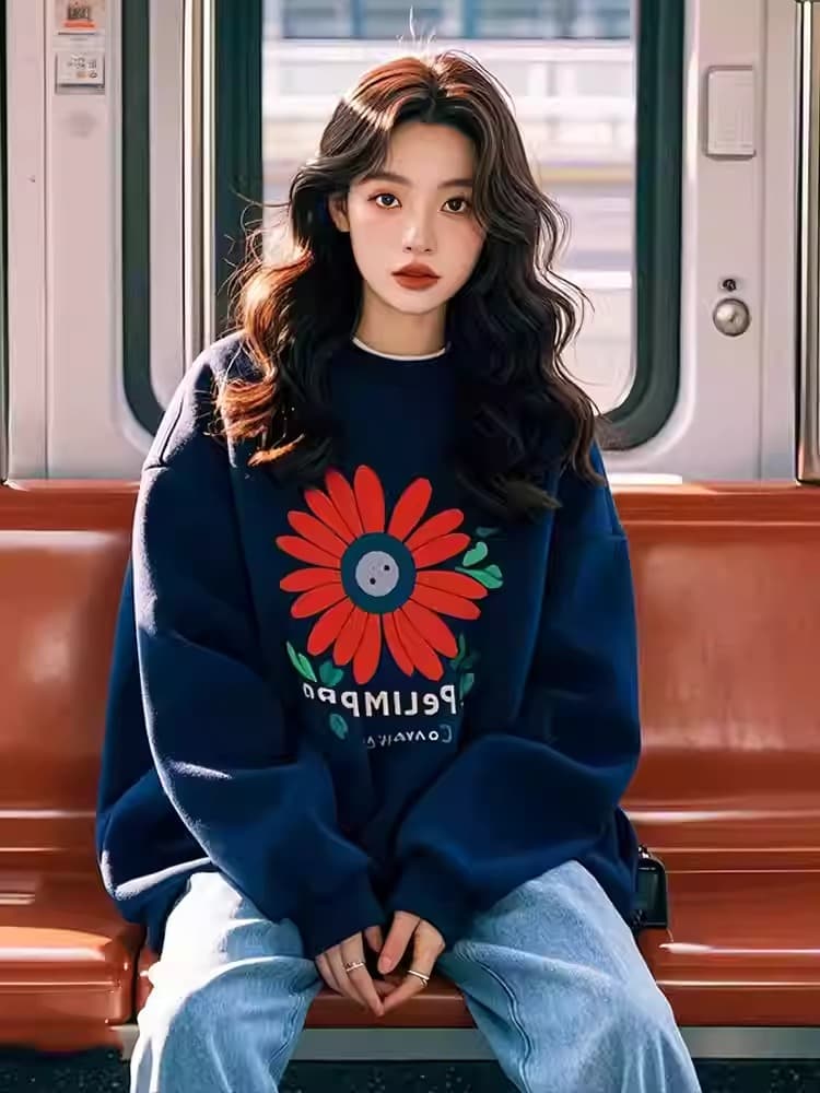 경관 그림 정가 후아 면 복합 얇은 스타일 털이 있는 가을 겨울 의류 털이 있는 라운드 넥 후드티 여성 프린트 아기 플러시 상세 이미지 6