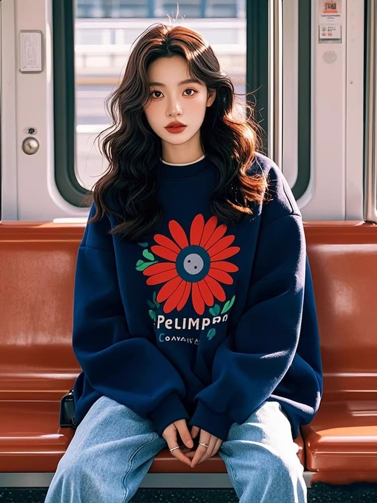 경관 그림 정가 후아 면 복합 얇은 스타일 털이 있는 가을 겨울 의류 털이 있는 라운드 넥 후드티 여성 프린트 아기 플러시 상세 이미지 7