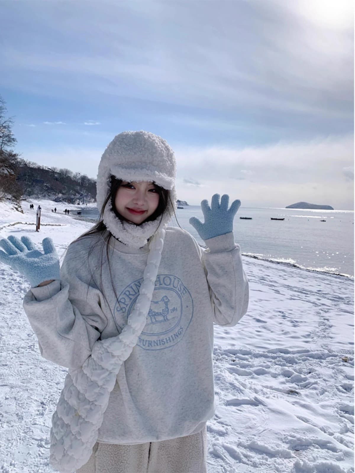 경관 그림 정가 후아 면 복합 얇은 스타일 털이 있는 가을 겨울 의류 털이 있는 라운드 넥 후드티 여성 프린트 아기 플러시