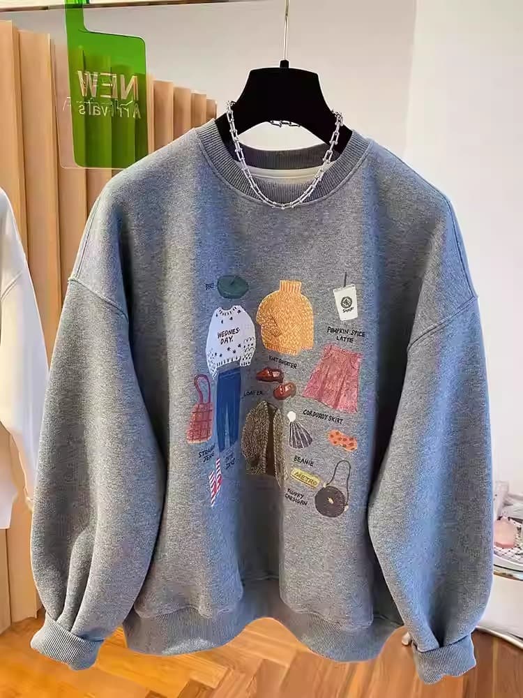 경관 그림 후아 면 복합 얇은 스타일 털이 있는 가을 겨울 의류 털이 있는 라운드 넥 후드티 여성 프린트 아기 플러시 이미지 2