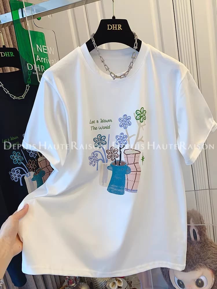 21 순면 210 그램 면 2026 년 한국 동대문 봄 여름 드레스 반팔 티셔츠 여성 한국 스타일 프린트 맨위