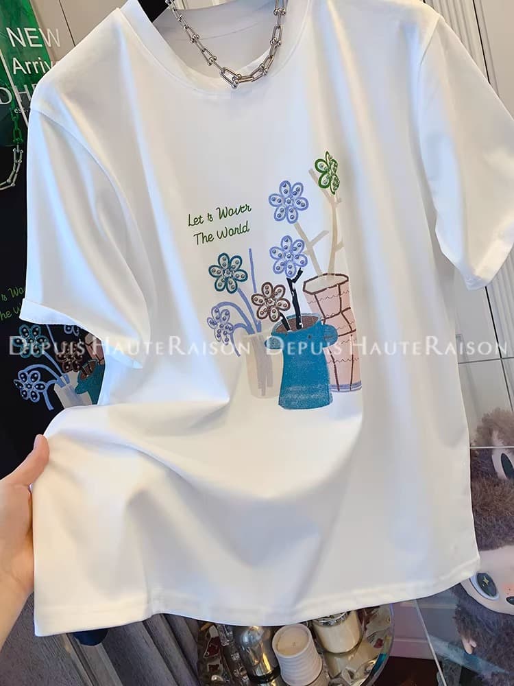 21 순면 210 그램 면 2026 년 한국 동대문 봄 여름 드레스 반팔 티셔츠 여성 한국 스타일 프린트 맨위 이미지 2