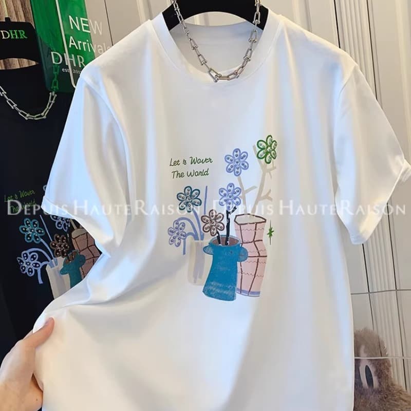 21 순면 210 그램 면 2026 년 한국 동대문 봄 여름 드레스 반팔 티셔츠 여성 한국 스타일 프린트 맨위 이미지 5