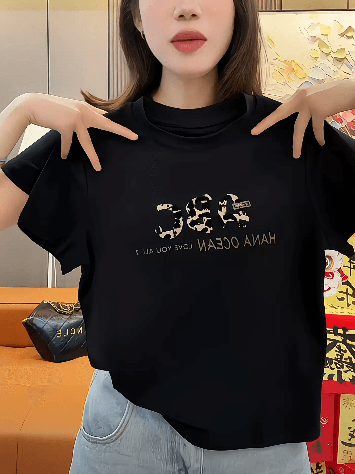 40 순면 220 그램 92 면 8 암모니아 Lun 한국 동대문 긍정적 인 어깨 반팔 티셔츠 여성 프린트 맨위 트렌디 이미지 3