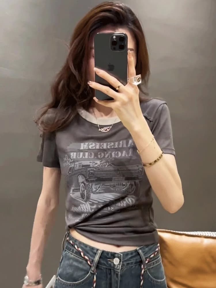 40 순면 220 그램 92 면 8 암모니아 Lun 한국 동대문 긍정적 인 어깨 반팔 티셔츠 여성 프린트 맨위 트렌디 이미지 2
