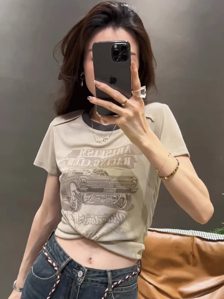 40 순면 220 그램 92 면 8 암모니아 Lun 한국 동대문 긍정적 인 어깨 반팔 티셔츠 여성 프린트 맨위 트렌디 이미지 3