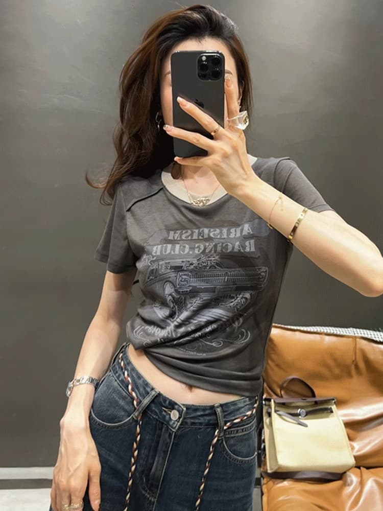 40 순면 220 그램 92 면 8 암모니아 Lun 한국 동대문 긍정적 인 어깨 반팔 티셔츠 여성 프린트 맨위 트렌디 이미지 4