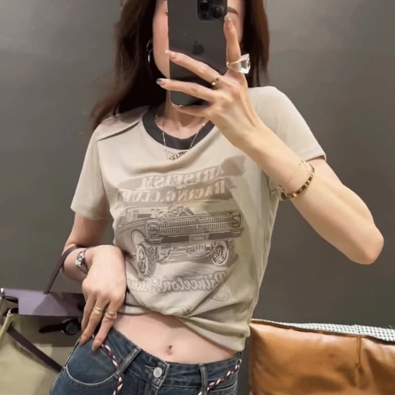 40 순면 220 그램 92 면 8 암모니아 Lun 한국 동대문 긍정적 인 어깨 반팔 티셔츠 여성 프린트 맨위 트렌디 이미지 5
