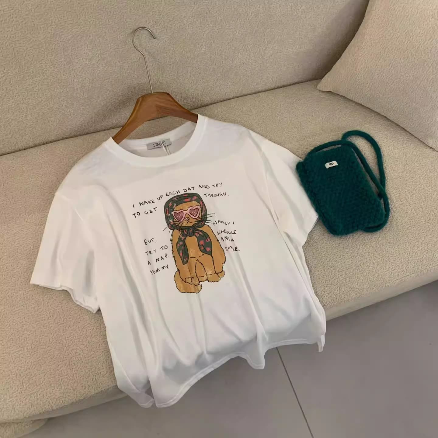 경관 그림 21 순면 210 그램 2026 년 봄 여름 드레스 반팔 티셔츠 여성 한국 스타일 프린트 상세 이미지 6