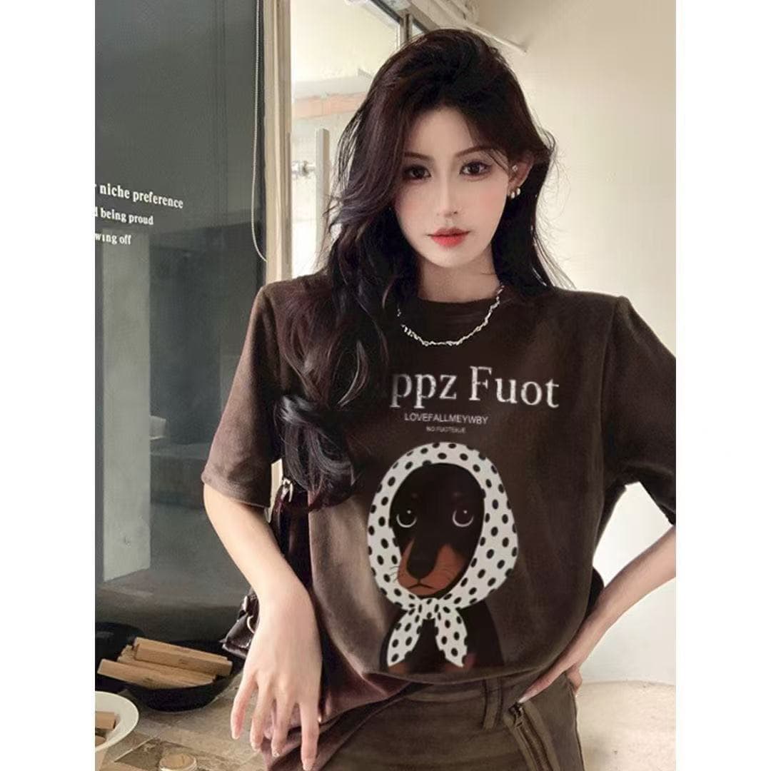 경관 그림 21 순면 210 그램 2026 년 봄 여름 드레스 반팔 티셔츠 여성 한국 스타일 프린트 상세 이미지 5