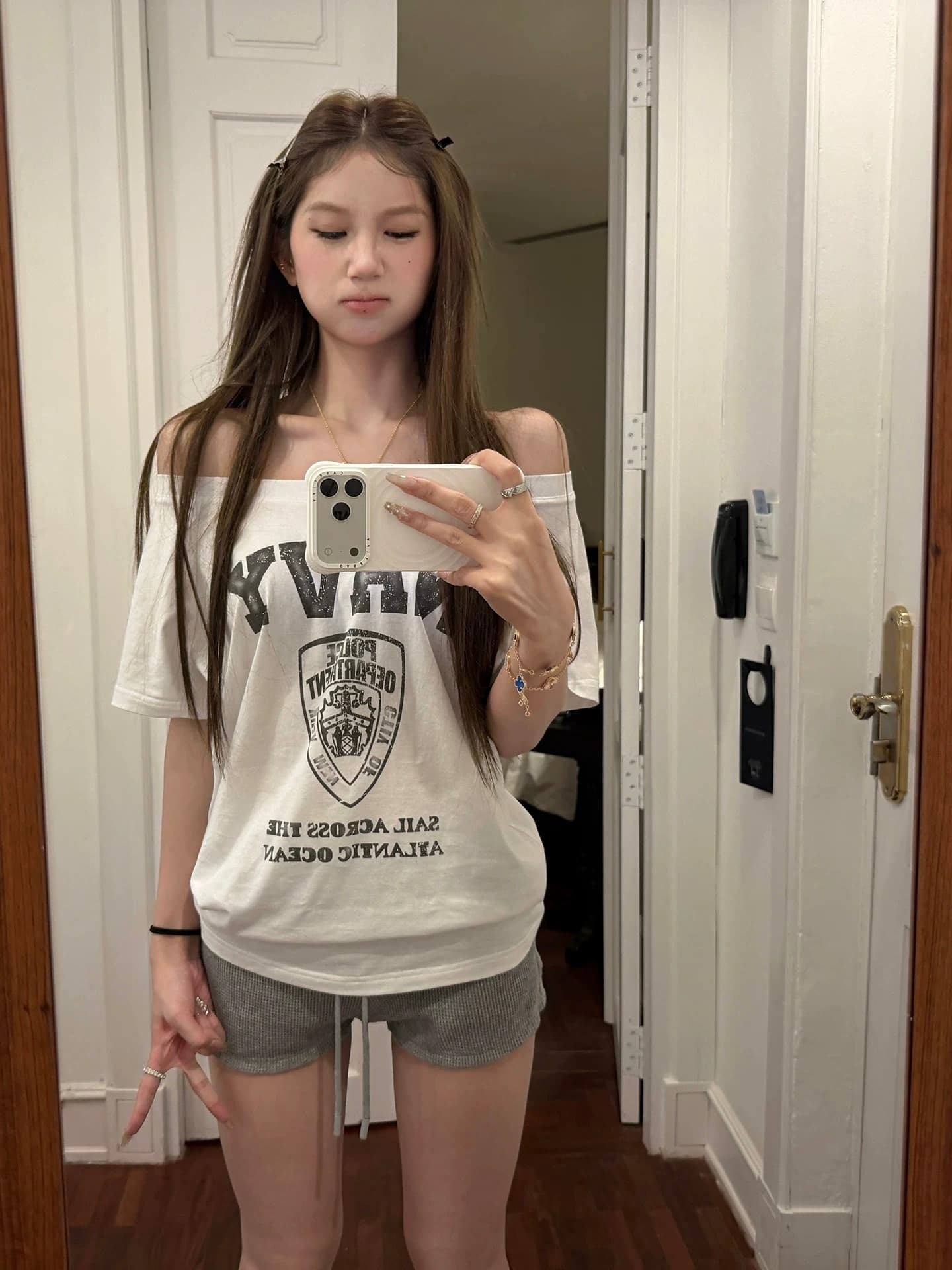 경관 그림 40 순면 220 그램 92 면 8 암모니아 Lun 비스듬한 칼라 오프숄더 오프숄더 반팔 티셔츠 여성 프린트
