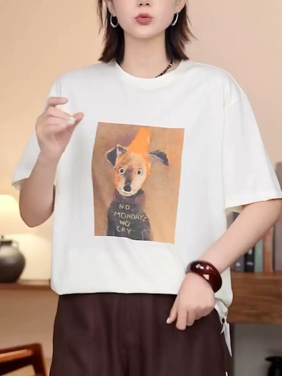 한 부서 순면 기본 셔츠 여름 새로운 느긋한 루즈핏 만화 프린트 라운드 넥 반팔 빅 사이즈 여성 의류 티셔츠 이미지 2