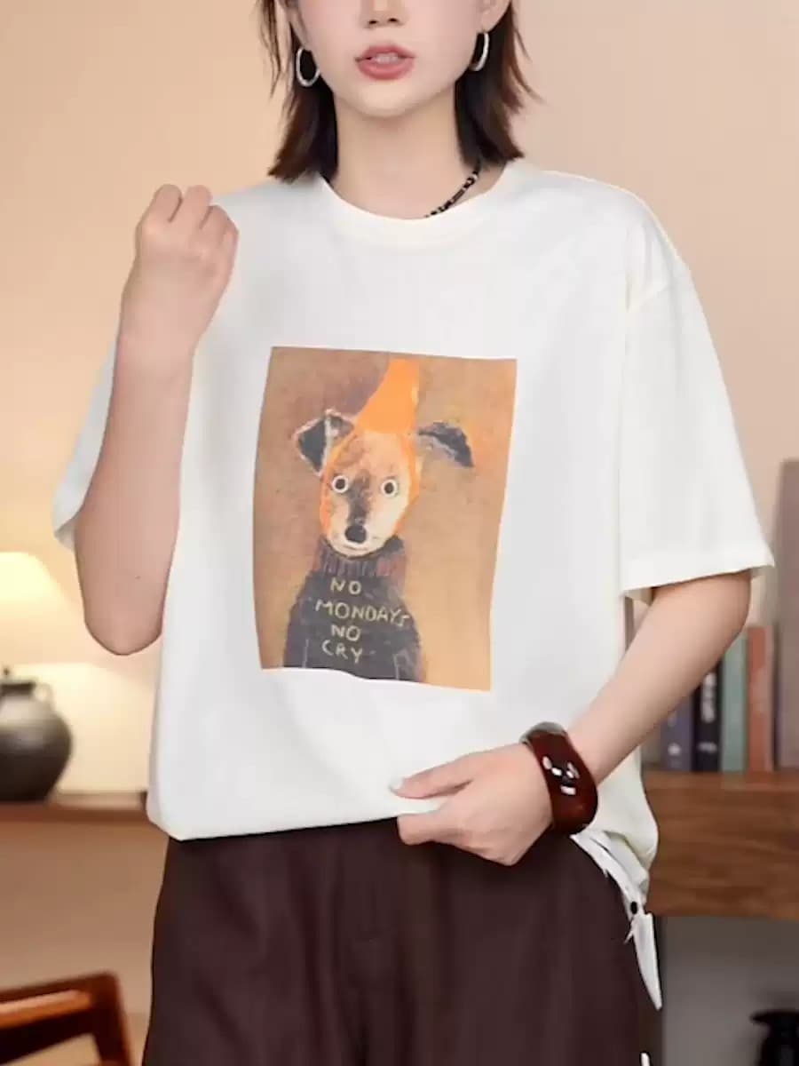 한 부서 순면 기본 셔츠 여름 새로운 느긋한 루즈핏 만화 프린트 라운드 넥 반팔 빅 사이즈 여성 의류 티셔츠 상세 이미지 2