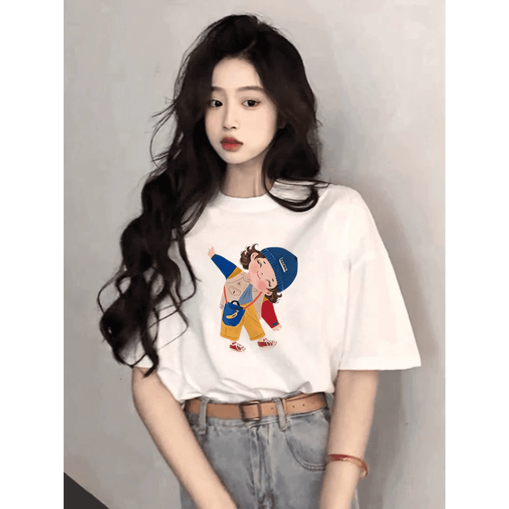 한 부서 순면 기본 셔츠 여름 새로운 느긋한 루즈핏 만화 프린트 라운드 넥 반팔 빅 사이즈 여성 의류 티셔츠 이미지 4