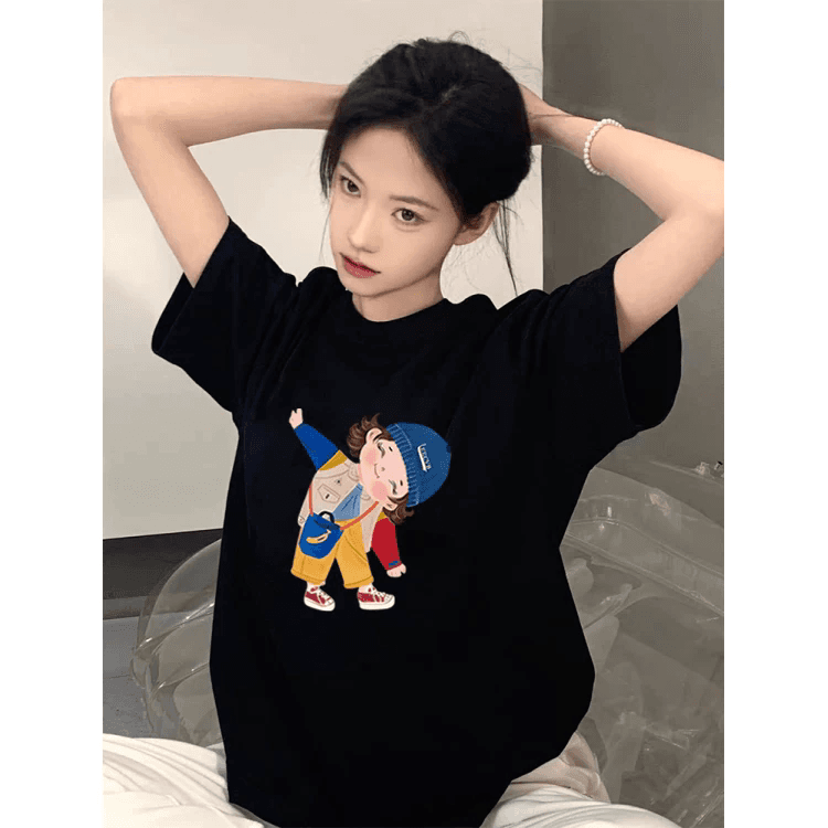 한 부서 순면 기본 셔츠 여름 새로운 느긋한 루즈핏 만화 프린트 라운드 넥 반팔 빅 사이즈 여성 의류 티셔츠 이미지 3