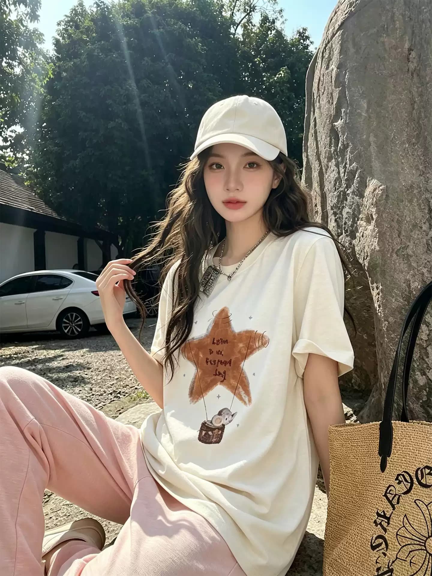 한 부서 순면 기본 셔츠 여름 새로운 느긋한 루즈핏 불가사리 프린트 라운드 넥 반팔 빅 사이즈 여성 의류 티셔츠 상세 이미지 3