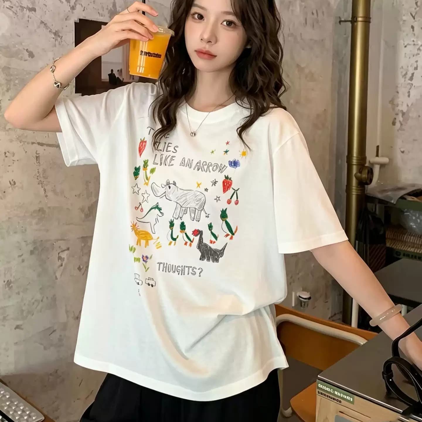 한 부서 순면 기본 셔츠 여름 새로운 느긋한 루즈핏 만화 프린트 라운드 넥 반팔 빅 사이즈 여성 의류 티셔츠 이미지 5