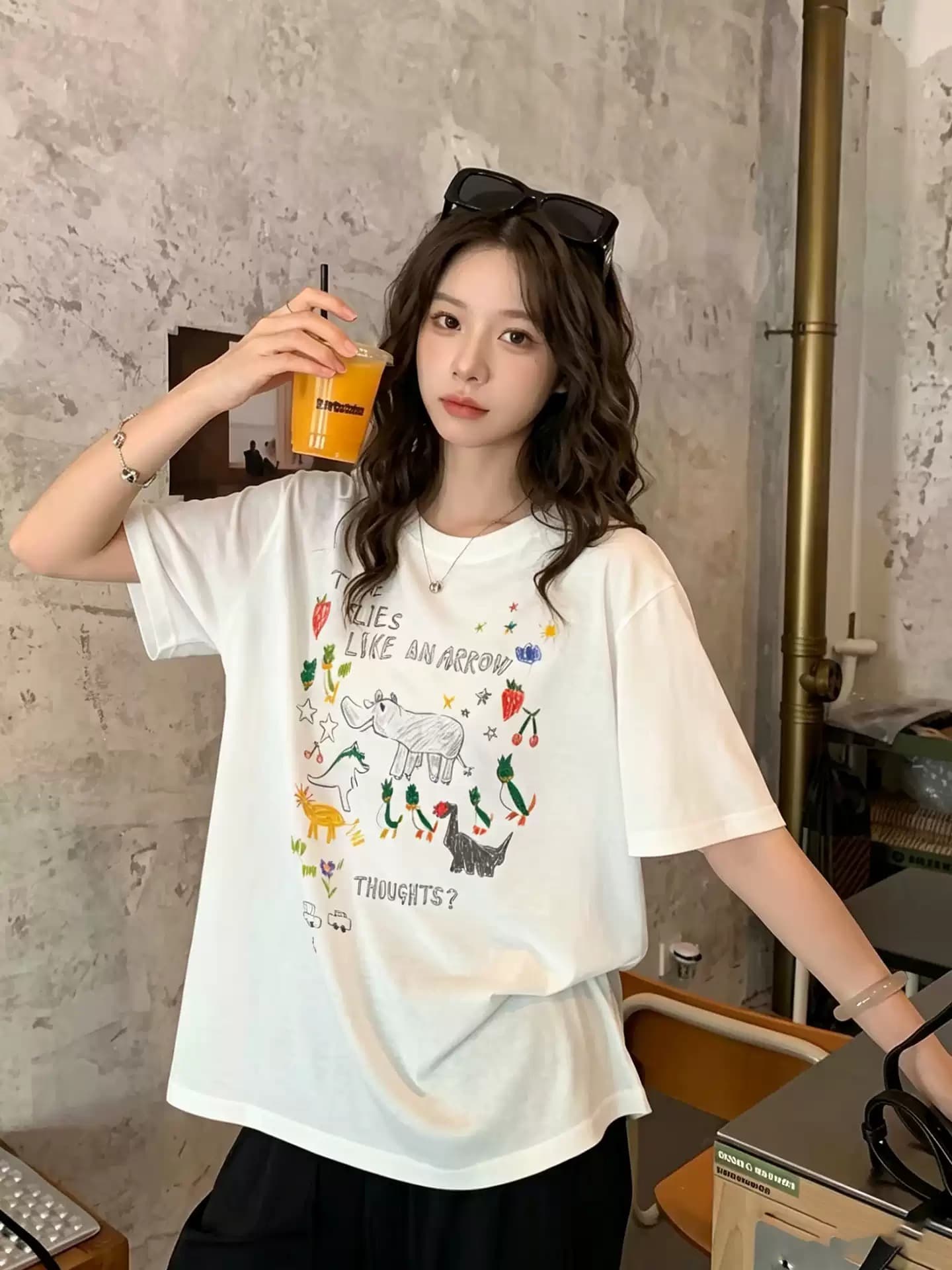 한 부서 순면 기본 셔츠 여름 새로운 느긋한 루즈핏 만화 프린트 라운드 넥 반팔 빅 사이즈 여성 의류 티셔츠 상세 이미지 4