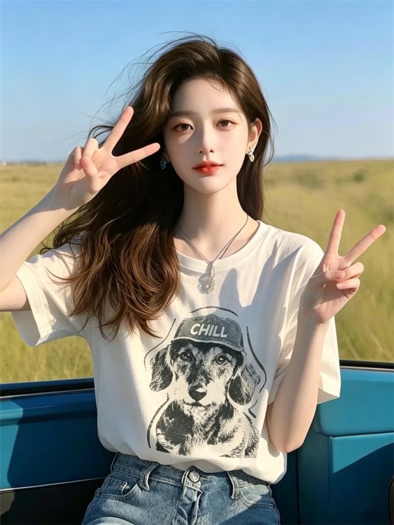 경관 그림 21 순면 210 그램 여름 드레스 한 부서 반팔 티셔츠 여성 한국 스타일 루즈핏 빅 사이즈 프린트 상세 이미지 5