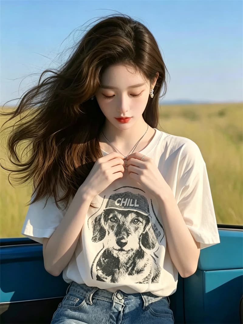 경관 그림 21 순면 210 그램 여름 드레스 한 부서 반팔 티셔츠 여성 한국 스타일 루즈핏 빅 사이즈 프린트 상세 이미지 6