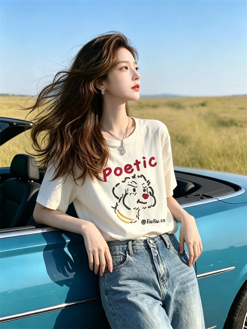 한 부서 순면 기본 셔츠 여름 새로운 느긋한 루즈핏 만화 프린트 라운드 넥 반팔 빅 사이즈 여성 의류 티셔츠 이미지 3