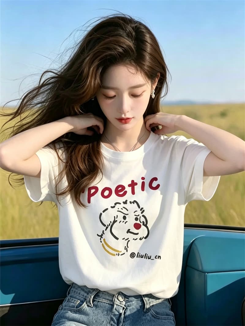 한 부서 순면 기본 셔츠 여름 새로운 느긋한 루즈핏 만화 프린트 라운드 넥 반팔 빅 사이즈 여성 의류 티셔츠 이미지 2