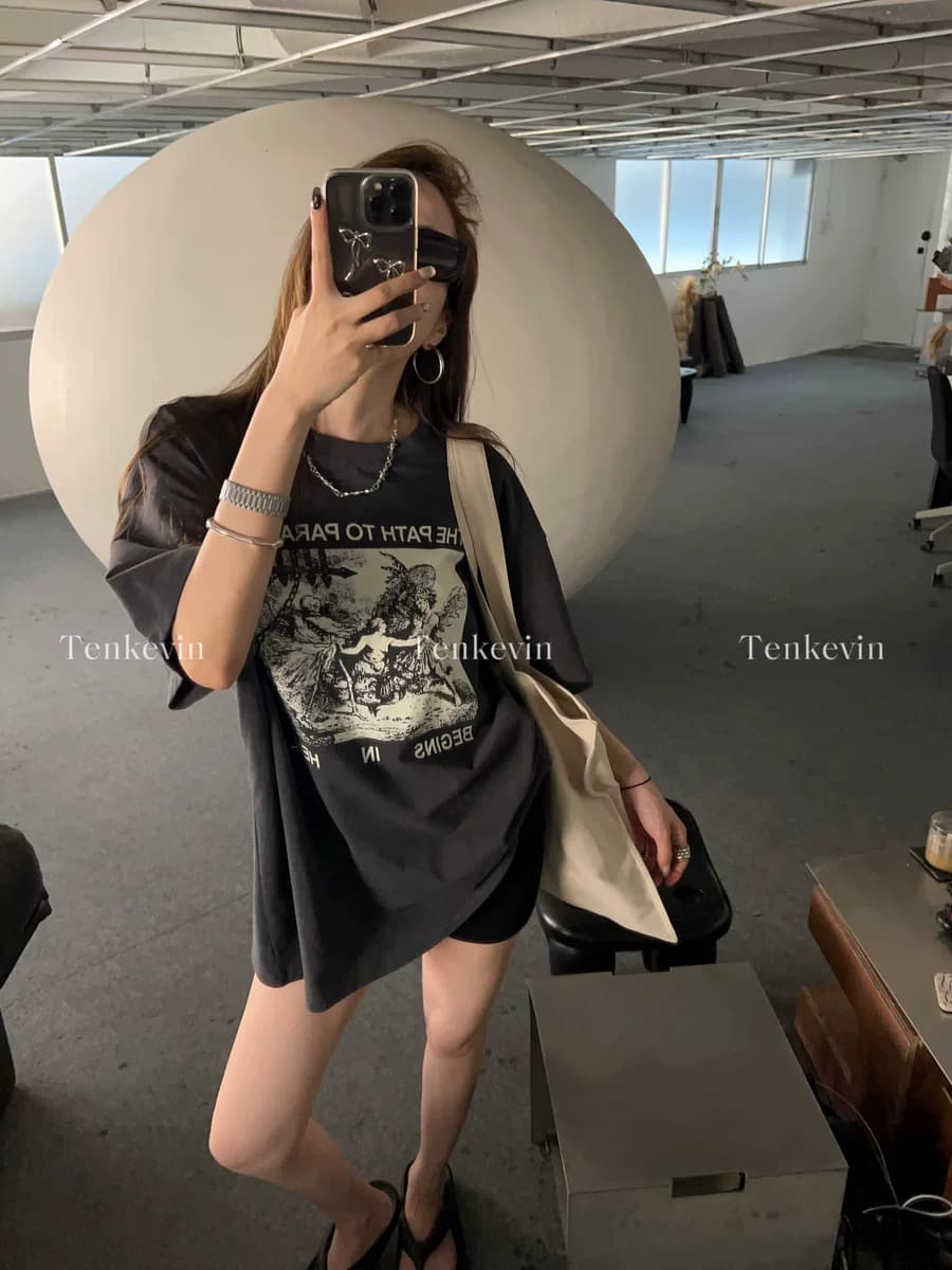 경관 그림 230 크 워싱 마 오래된 순면 반팔 티셔츠 여성 루즈핏 대 에디션