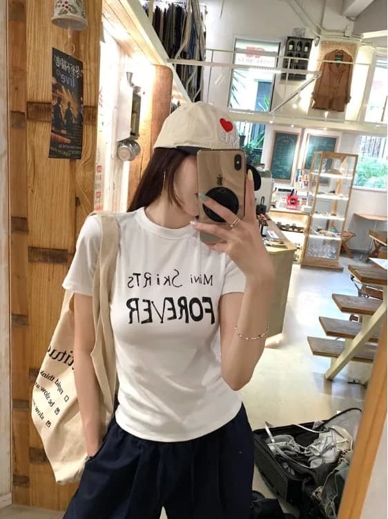 한 부서 순면 기본 셔츠 여성 2026 여름 새로운 알파벳 프린트 라운드 넥 다용도 반팔 티셔츠 루즈핏 맨위 상세 이미지 2